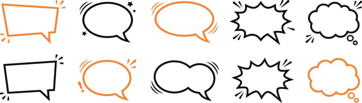 Collection of hand drawn speech bubbles and thought balloons in various shapes