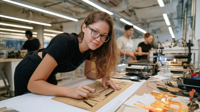 Young woman working on a creative project with a laser cutter in a modern community makerspace