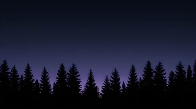 Dark pine tree forest silhouette against a starry night twilight sky with silhouette