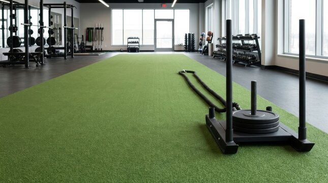 A modern fitness gym with turf flooring weight racks and functional training equipment