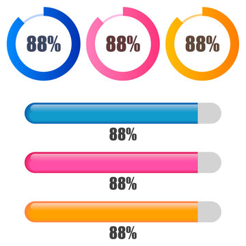 88％の円グラフとプログレスバーセット カラフルな進捗表示UIデザイン素材 88 Percent Circle Graph and Progress Bar Set Colorful UI Indicator Design
