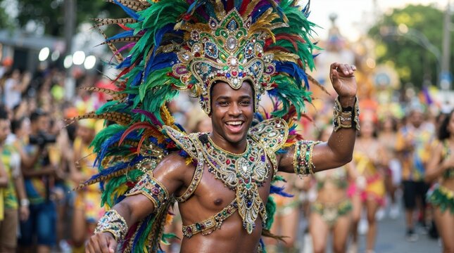 Smiling Black male dancer in a jeweled costume with colorful feathers at a Brazilian carnival. Portrait of a happy man performing in a street parade