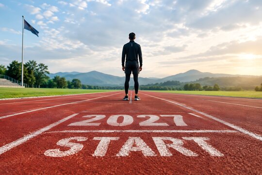 Athlete standing at start line on running track with mountains background