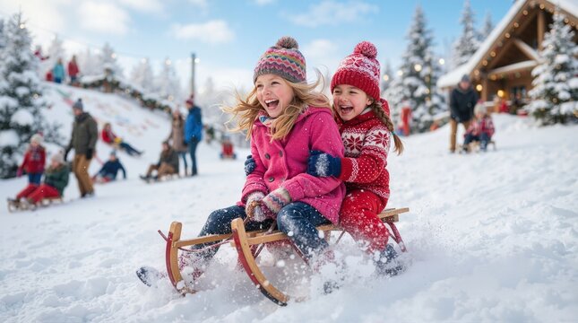 Two happy girls riding a wooden sled down a snowy hill. Laughing children having fun outdoors during a winter vacation