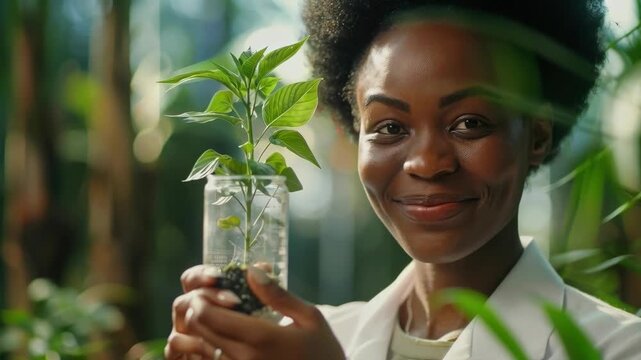 Smiling Woman Holding a Small Plant in a Glass Jar in a Sunlit Forest