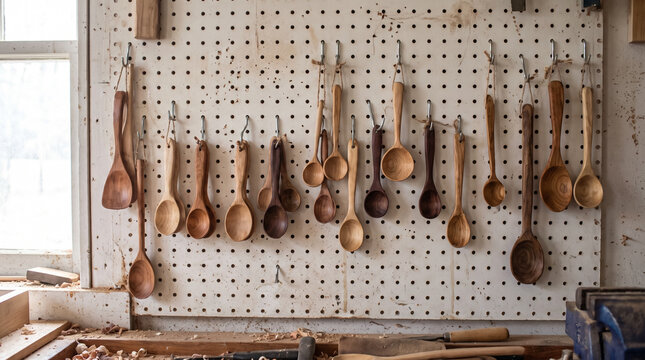 Workshop pegboard wall displays collection of handcrafted wooden spoons in carpentry studio. Concept of wood carving, woodworking.