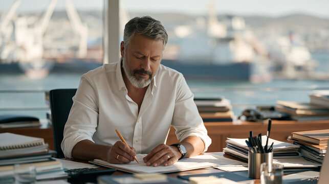 Greek shipping magnate reviewing multi-currency fleet operational payment summaries at harborside office with cargo vessels visible through window, maritime finance, international