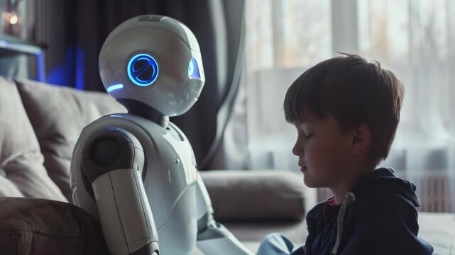 Boy interacting with a humanoid robot in a living room