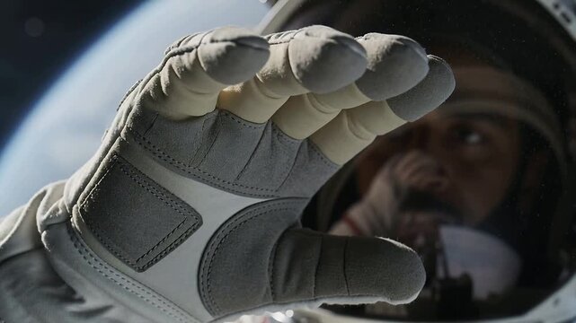 Raising gloved hand, EVA astronaut showing face behind visor over Earth, checking helmet camera