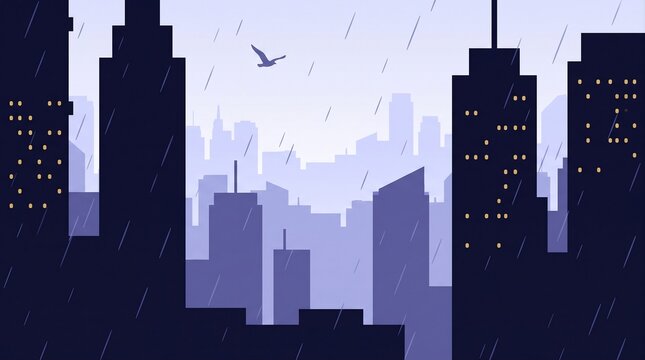 Silhouette of urban city skyline with falling rain at night, downtown metropolitan and weather concept illustration.