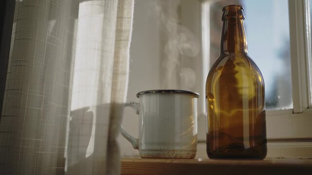 Draft drifting curtain across home sill, enamel mug steaming from hot brew, amber bottle glowing