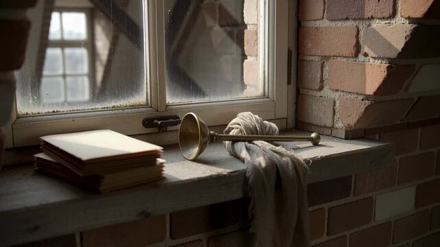 Panning camera revealing still-life on loft windowsill, with envelopes, brass bugle, frayed linen