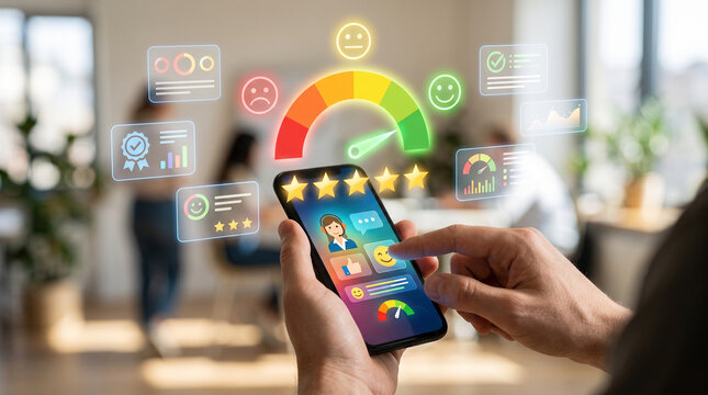 Close-up of smartphone user reviewing a colorful digital customer feedback interface, satisfaction rating, customer survey, online reputation, service performance, client experience, digital review sy