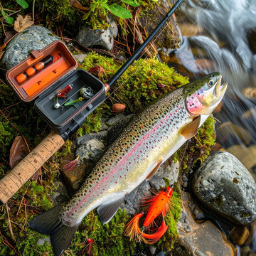 A freshly caught rainbow trout lies beside a fly fishing rod and tackle box on a mossy riverbank. This peaceful, natureinspired scene evokes solitude, skill, and outdoor adventure, no people.