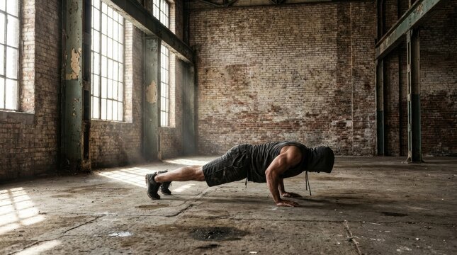 Muscular man in athletic wear performing a push up exercise in a gritty industrial style room