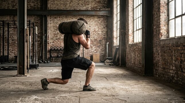 Muscular man performing a sandbag lunge exercise in a gritty industrial gym hyrox