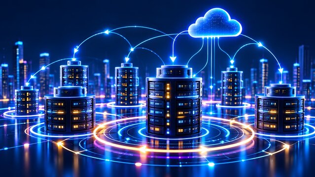 Glowing cloud computing network connecting distributed datacenter server nodes within a futuristic smart city