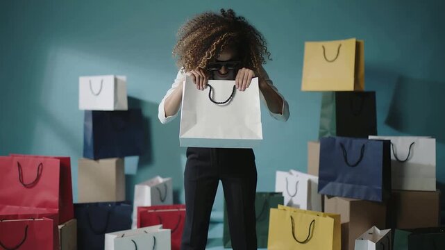 Raising white bag, model in shades white top checking bag contents at teal studio, stacked bags
