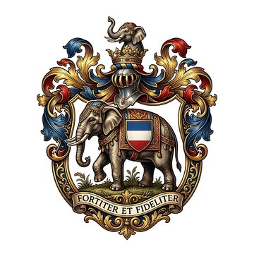 Ornate heraldic crest featuring an elephant with decorative trappings and a classic knight helmet on white background