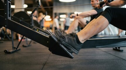 Obraz premium Close up of a person's legs and feet exercising on a rowing machine in a gym hyrox