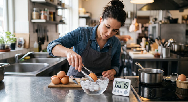 Female chef cooling freshly boiled egg in ice water bath using digital timer in kitchen. Concept of cooking process.