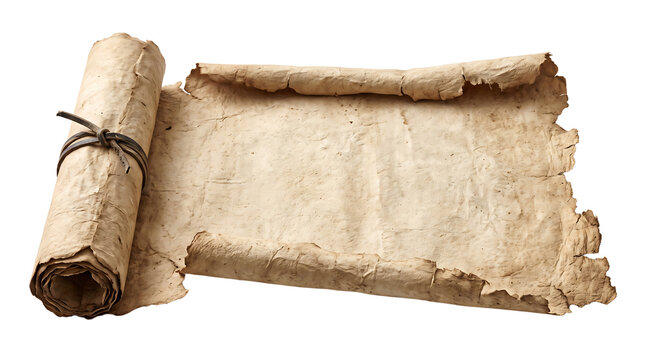 An aged antique parchment scroll with frayed edges is displayed against a transparent background vellum manuscript document papyrus texture vintage