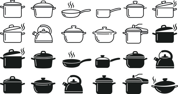 Vector illustration set of kitchen cookware line and solid icons featuring pots, frying pans, saucepans, pressure cookers, and kettles for cooking and recipe designs