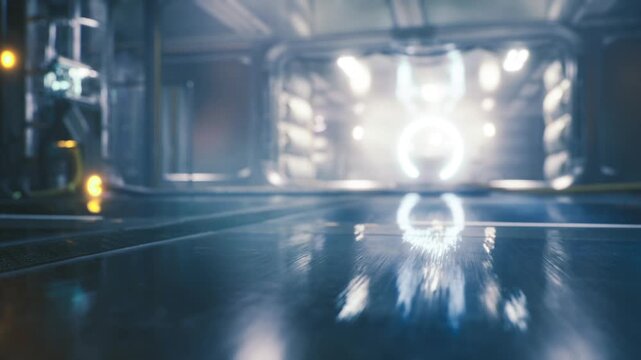 Luminous reactor core inside space station chamber, intense central glow reflecting across wet floor, network of coolant pipes and maintenance walkways, low