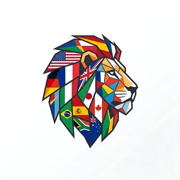 Stylized lion head profile illustration made of various international world flags