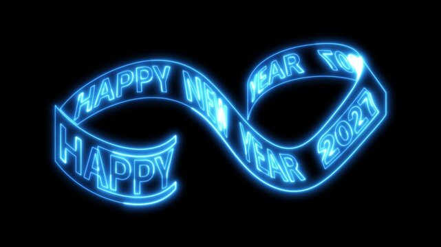 Happy New Year 2027 Neon Saber Glowing Light Seamless Loop Animation 4K Infinity Loop Ribbon Banner Mobius Swirl Party Celebration Overlay Video Footage