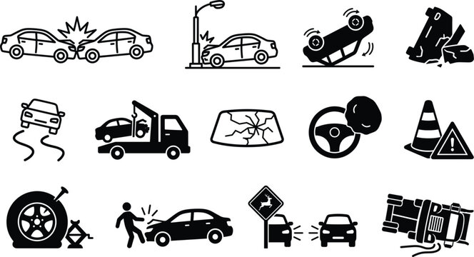 Car accident and road safety insurance line and glyph vector icons set featuring vehicle crash, towing truck, airbag, flat tire, and traffic hazard signs