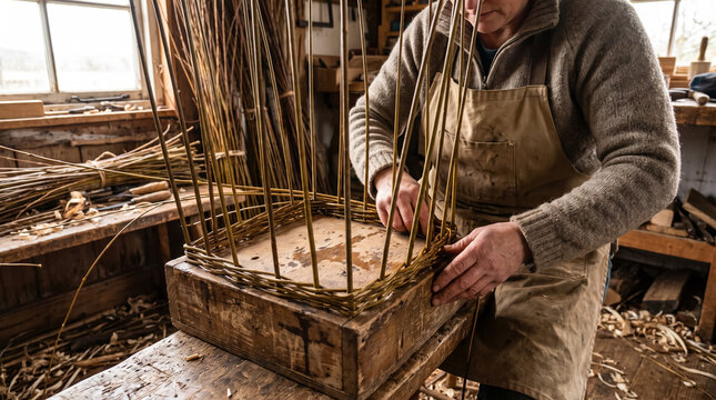 Craftsman weaves willow rods making traditional handmade basket in rustic workshop. Concept of basket maker, wicker, basketry.
