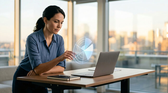 Businesswoman analyzing futuristic data hologram | Modern office technology and digital transformation | Professional woman using augmented reality interface | Future of work and advanced business ana