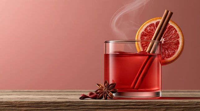 Mulled wine in glass with cinnamon stick and orange slice, steam rising, winter drink photo