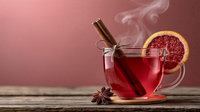 Mulled wine in glass with cinnamon stick and orange slice, steam rising, winter drink photo