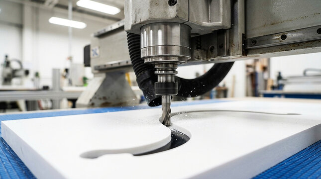 Close-up of a modern industrial CNC router machine precisely cutting a rigid white substrate, shaping material in a workshop