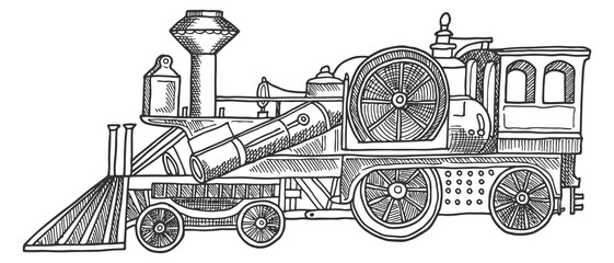 Retro train locomotive sketch. Vintage railroad transport © ONYXprj