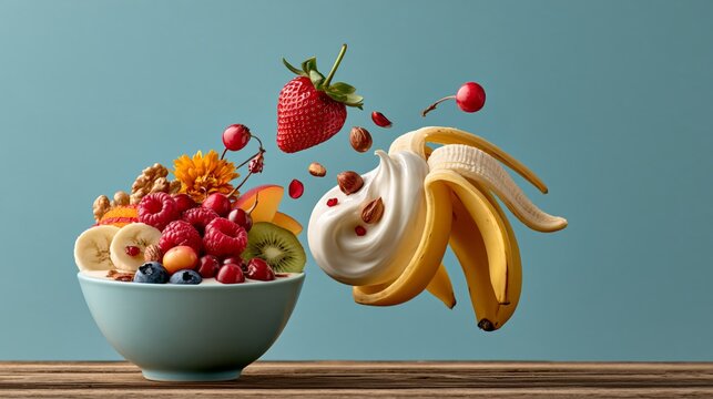 Smoothie bowl with rainbow toppings and a banana slice trying to escape, funny food photo