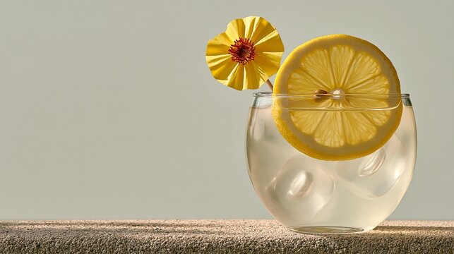 Lemonade in glass with lemon slice and a tiny paper flag, refreshing drink photo with copy space
