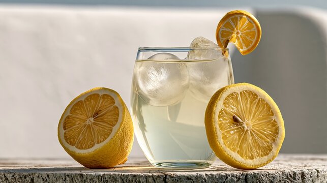 Lemonade in glass with lemon slice and a tiny paper flag, refreshing drink photo with copy space