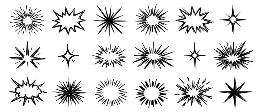 Comic starburst and explosion shape collection with radial rays, impact flashes and hand drawn action effect elements