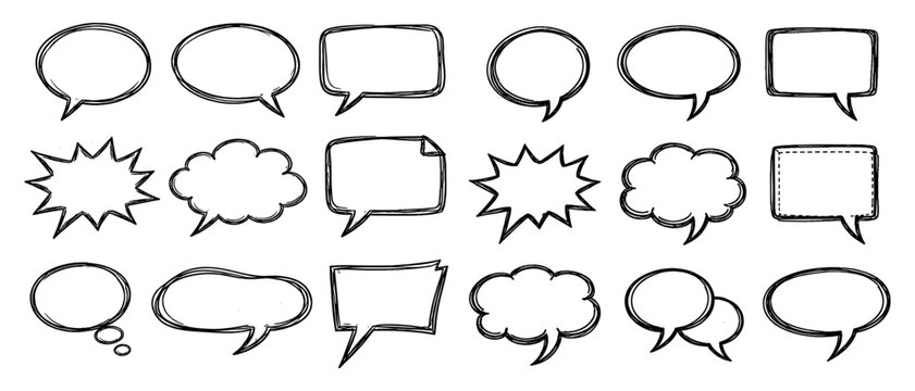 Hand drawn speech bubble collection with comic dialogue balloons, thought clouds and empty conversation frame design elements