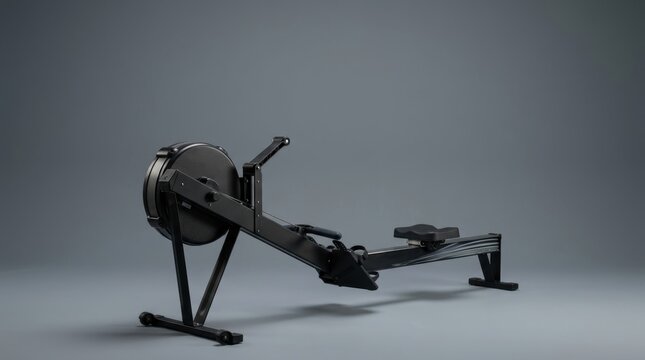 A modern black rowing machine with a large flywheel and adjustable seat is positioned in a studio