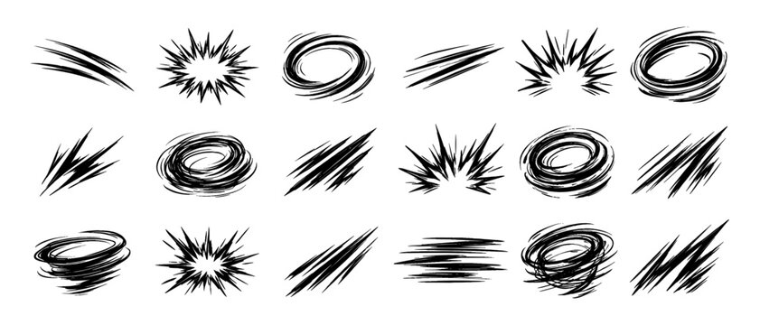 Comic action effect collection with speed lines, impact bursts, swirling motion rings and dynamic black ink design elements