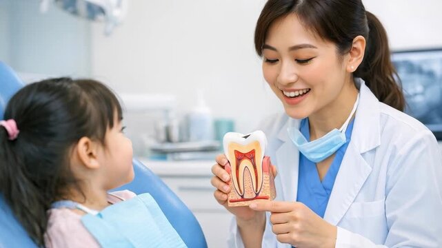 Smiling female dentist showing a tooth anatomy model to a young girl in a pediatric dental clinic
