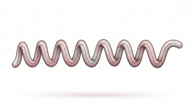 A spiral-shaped spirochete bacterium rendered as a hand-drawn scientific illustration with dimensional shading, isolated on white with no text. Microbiology explainer blending precise linework with...