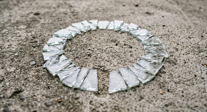 Broken glass shards arranged in a circle on concrete ground forming conceptual frame. Concept of clear glass, broken ring, concrete texture, glass fragments.