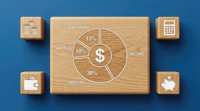 Financial budget planning chart with pie sections for transport savings and housing represented on a wooden block with economic icons.
