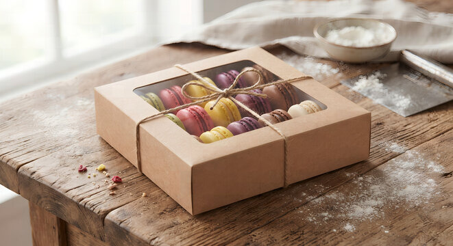 Assorted colorful macarons in brown window box tied with jute twine.