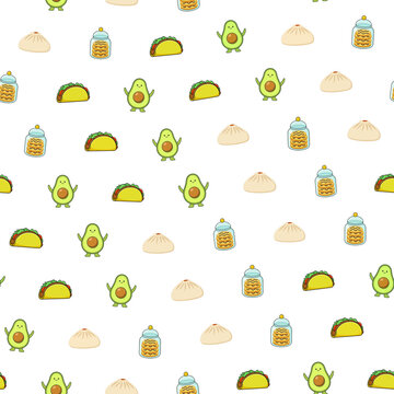 Cute food pattern with avocados, tacos, buns, and cookies